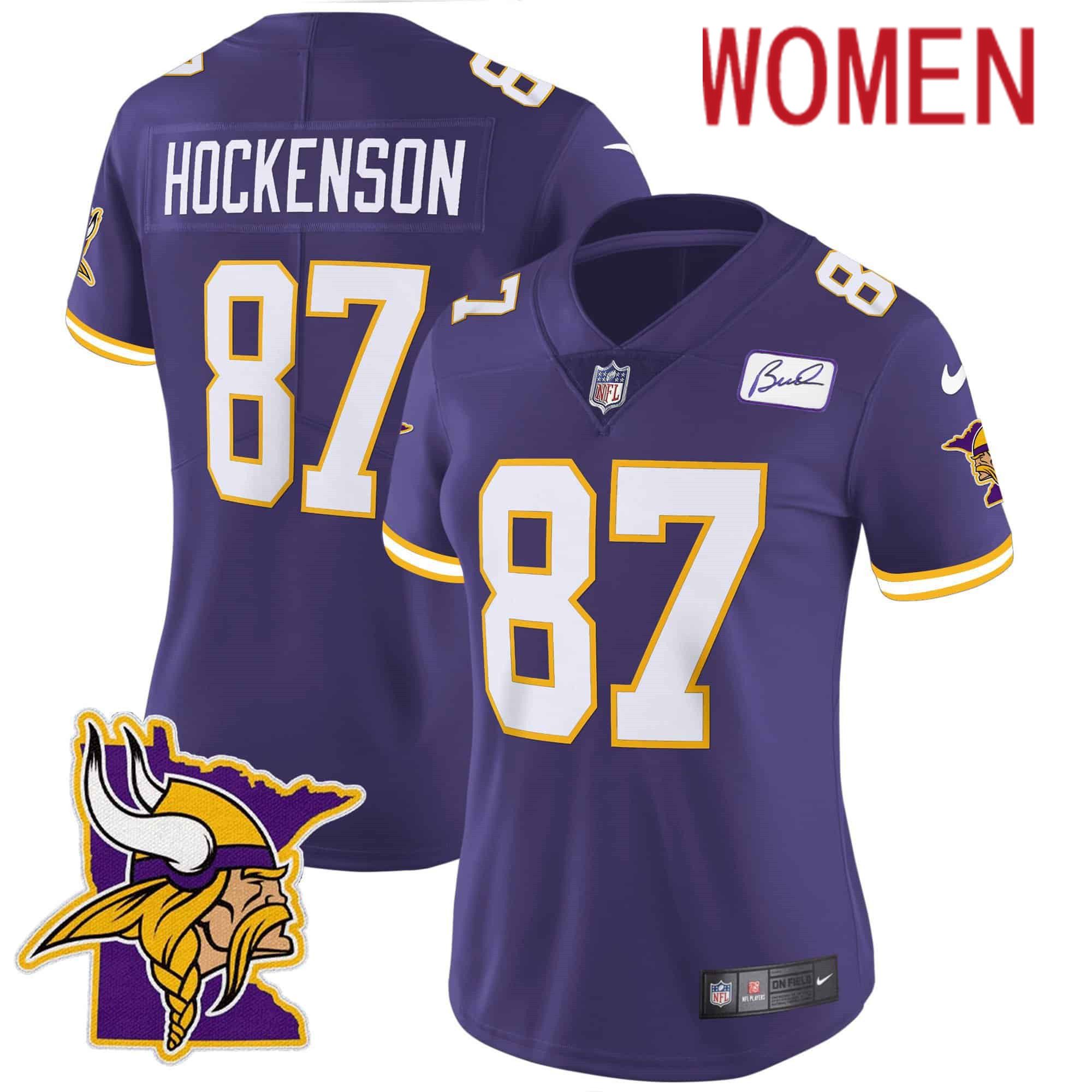 Women Minnesota Vikings #87 Hockenson Purple 2024 Nike Patch Classic Limited NFL Jersey style 1
